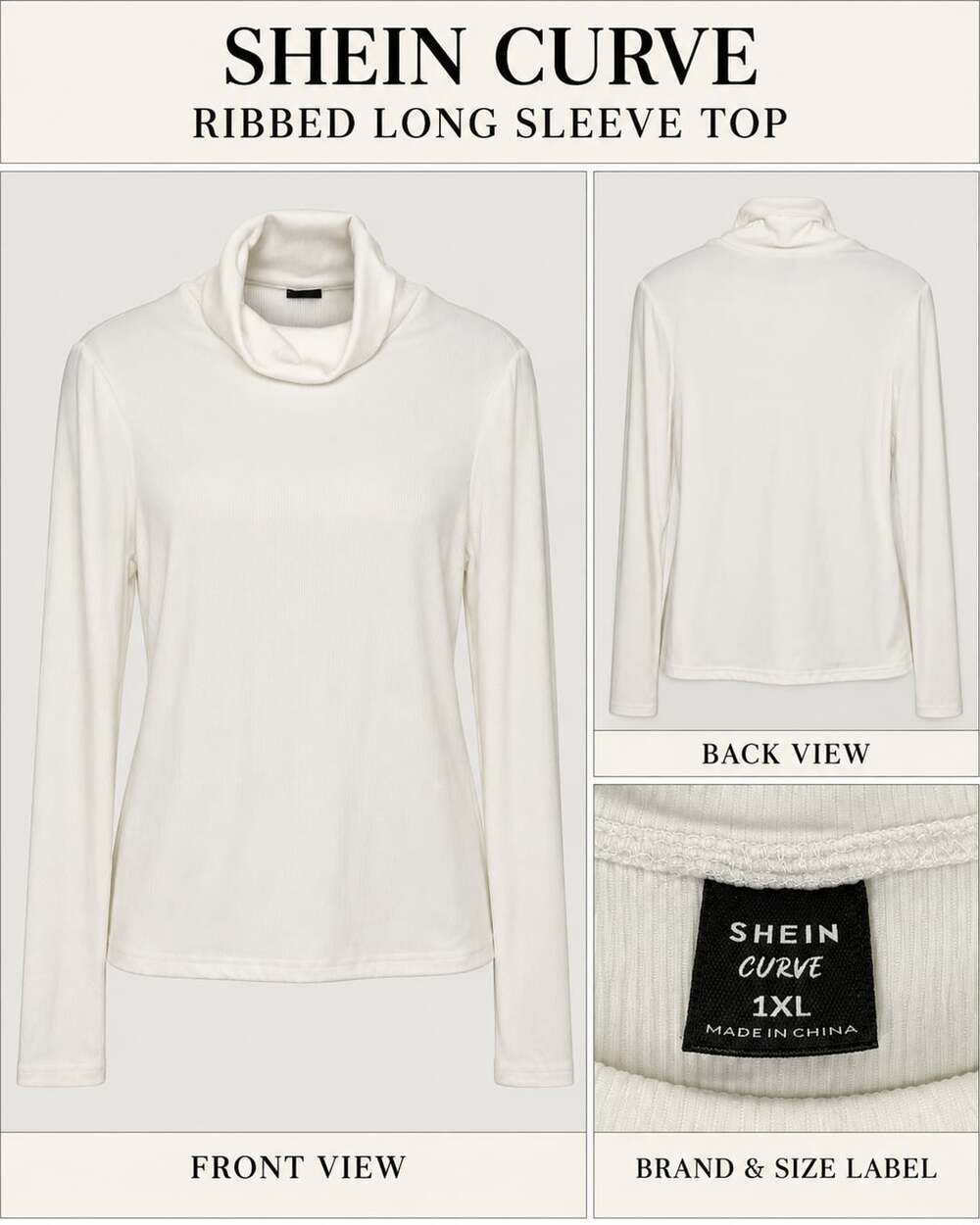 SHEIN Curve Ribbed Long Sleeve Cowl Neck Top White 1XL